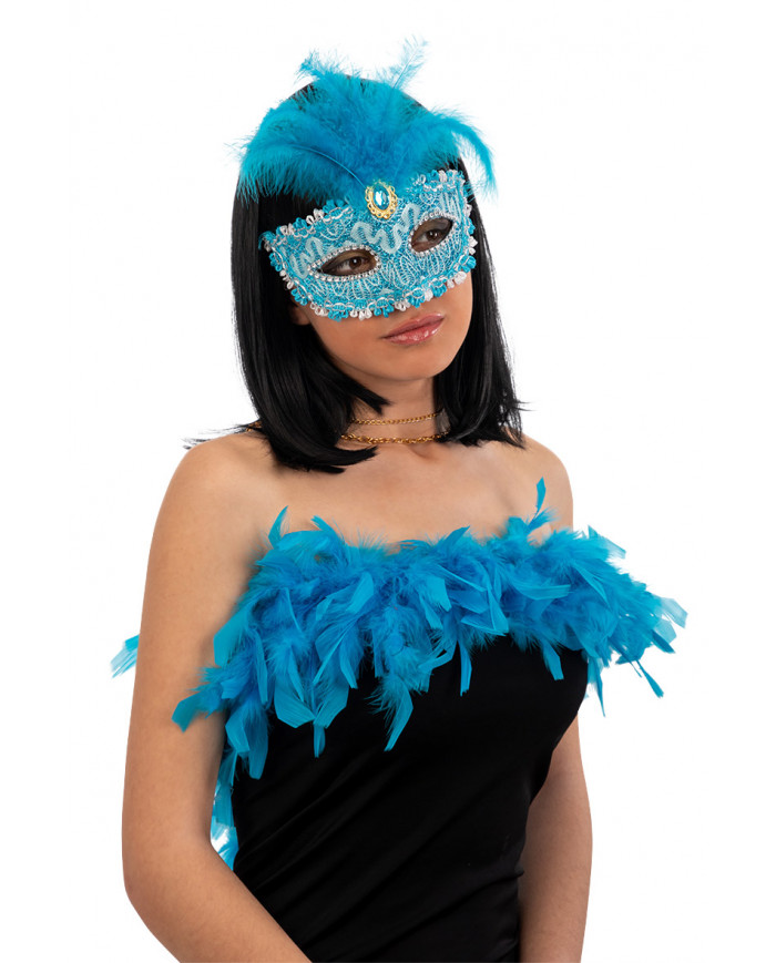 Venetian half-face mask in plastic, covered with blue damask