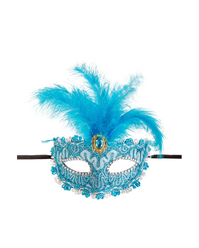 Venetian half-face mask in plastic, covered with blue damask