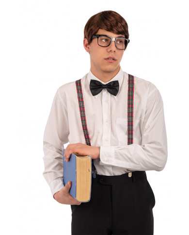 Set consisting of glasses without lenses, plaid fabric braces