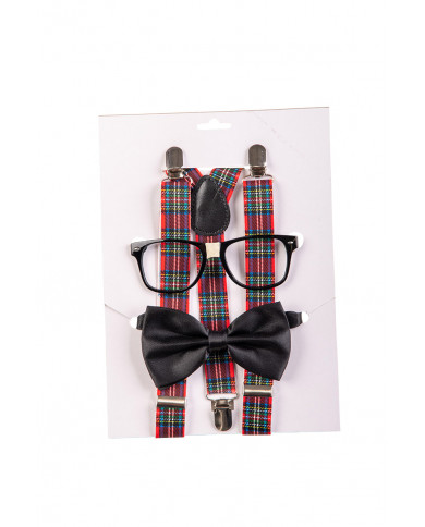 Set consisting of glasses without lenses, plaid fabric braces