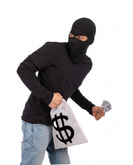 Set composto da cappuccio in tessuto nero, finte banconote e