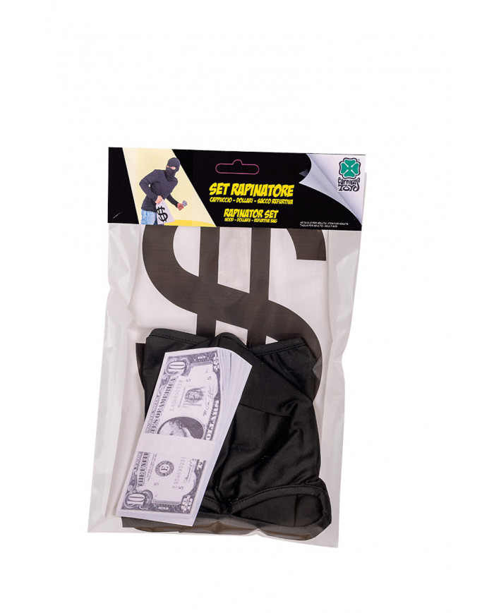 Set consisting of black fabric hood, fake banknotes and string