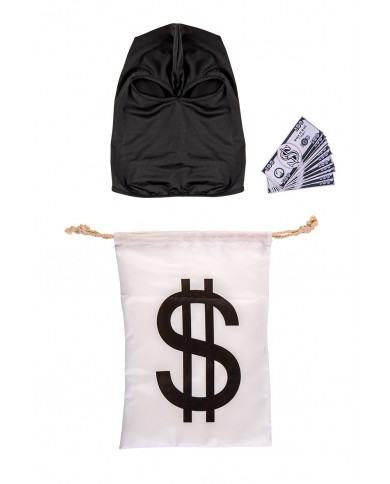Set consisting of black fabric hood, fake banknotes and string Set consisting of black fabric hood, fake banknotes and string