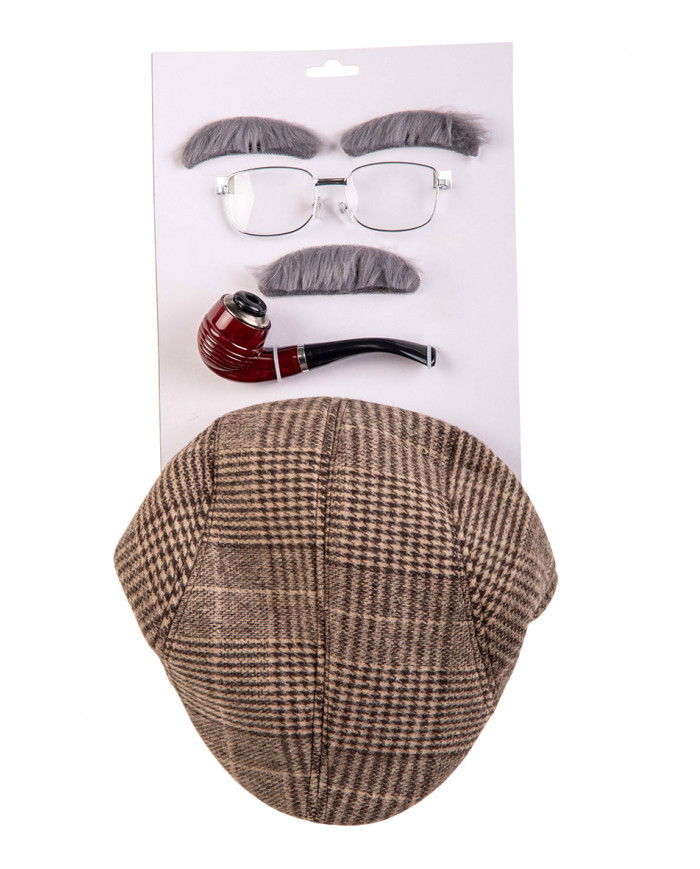 Set consisting of flat cap, fake pipe, glasses with clear Set consisting of flat cap, fake pipe, glasses with clear