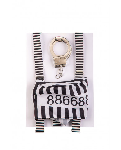 Set consisting of hat and suspenders in black and white striped