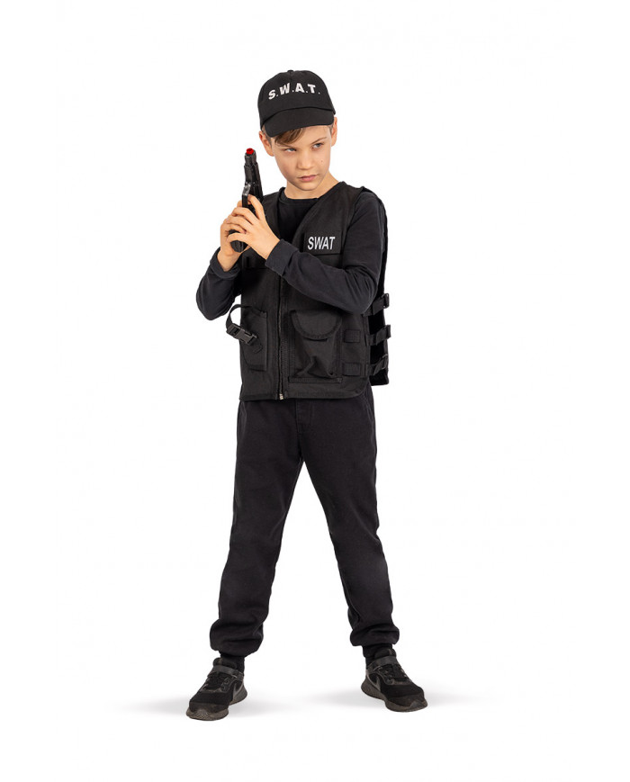 Set consisting of jacket and hat in black fabric, fake plastic