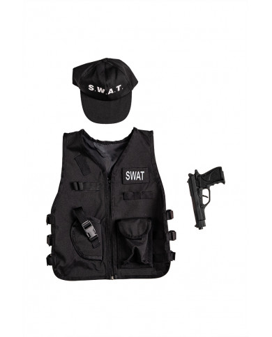 Set consisting of jacket and hat in black fabric, fake plastic