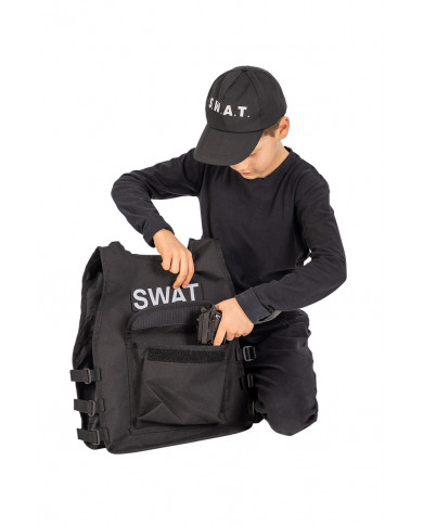 Set consisting of jacket and hat in black fabric, fake plastic