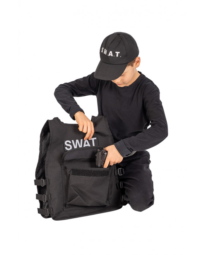Set consisting of jacket and hat in black fabric, fake plastic