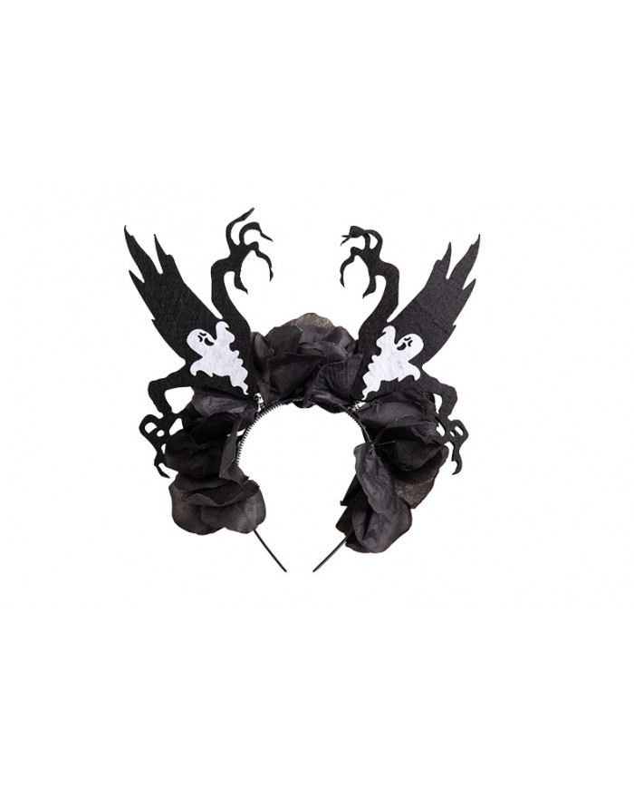 Black headband with horror decorations and white ghosts. Adult