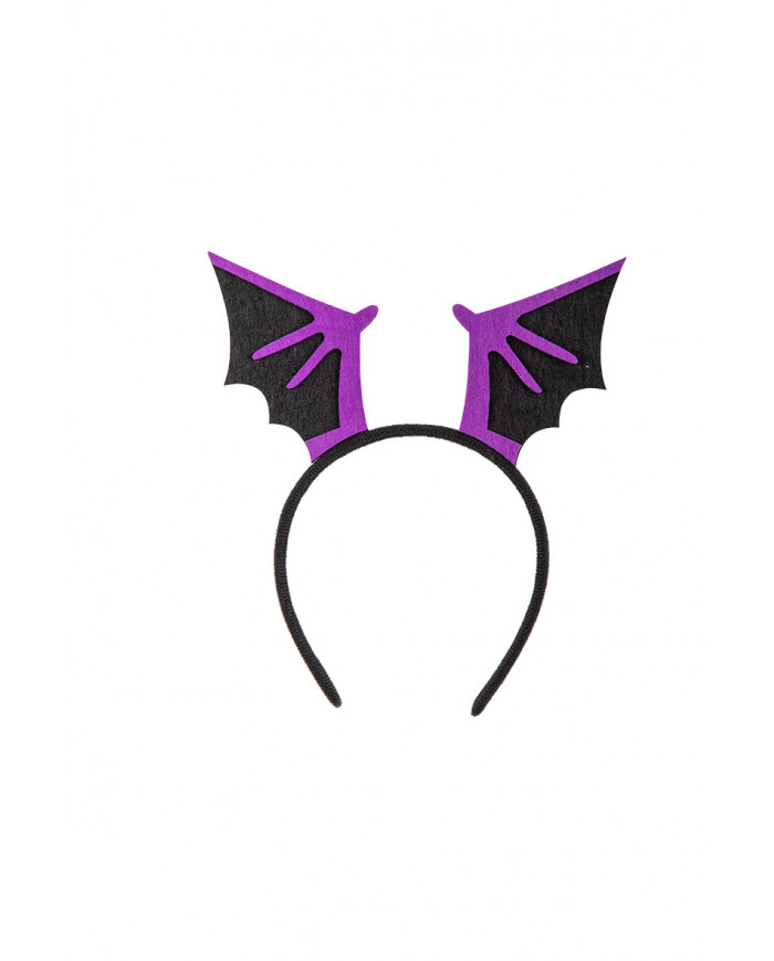 Plastic headband with bat wings in black and purple felt. Ideal