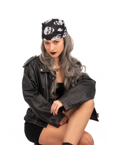 Black fabric bandana with white skull prints, measuring Black fabric bandana with white skull prints, measuring