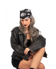 Black fabric bandana with white skull prints, measuring