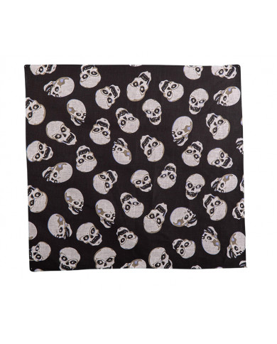 Black fabric bandana with white skull prints, measuring