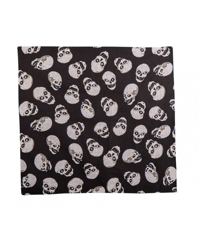 Black fabric bandana with white skull prints, measuring