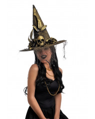 Black and gold coloured witch hat with horror decorations and