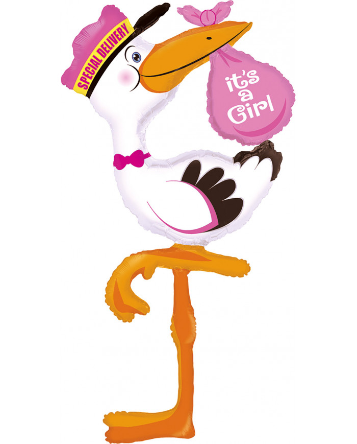 Stork-shaped foil balloon with pink bundle. Decoration for baby Stork-shaped foil balloon with pink bundle. Decoration for baby