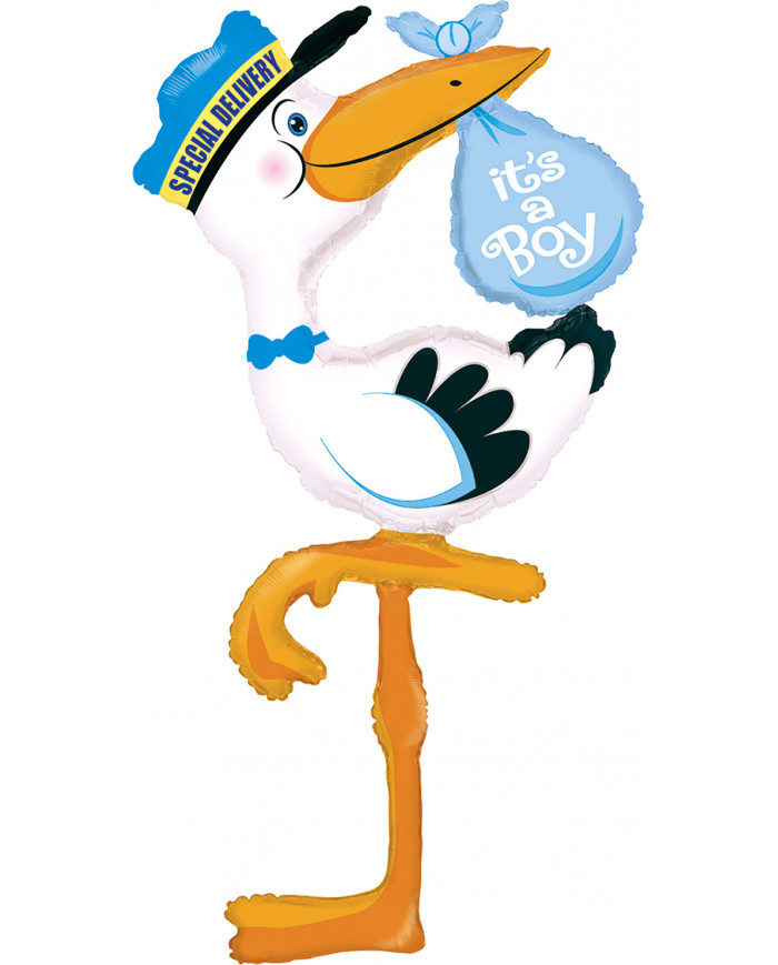 Stork-shaped foil balloon with blue bundle. Decoration for baby Stork-shaped foil balloon with blue bundle. Decoration for baby