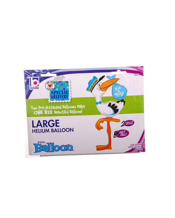 Stork-shaped foil balloon with blue bundle. Decoration for baby Stork-shaped foil balloon with blue bundle. Decoration for baby