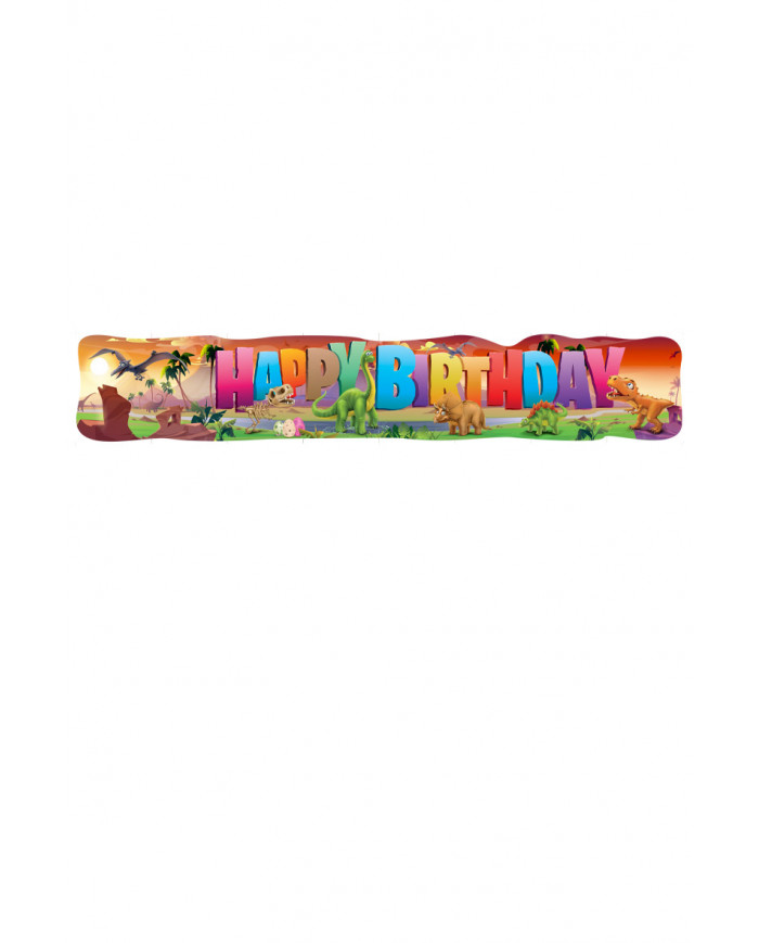 "HAPPY BIRTHDAY" banner with dinosaur pattern. It measures "HAPPY BIRTHDAY" banner with dinosaur pattern. It measures
