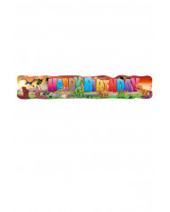 "HAPPY BIRTHDAY" banner with dinosaur pattern. It measures "HAPPY BIRTHDAY" banner with dinosaur pattern. It measures
