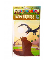 "HAPPY BIRTHDAY" banner with dinosaur pattern. It measures "HAPPY BIRTHDAY" banner with dinosaur pattern. It measures