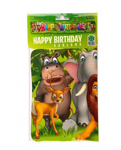 "HAPPY BIRTHDAY" banner with savannah animal print. It measures