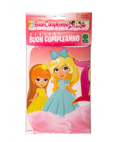 "BUON COMPLEANNO" banner with princesses pattern. It measures
