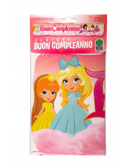 "BUON COMPLEANNO" banner with princesses pattern. It measures