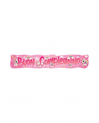 "BUON COMPLEANNO" banner with unicorns pattern. It measures