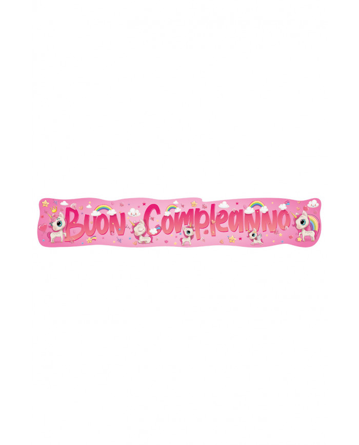 "BUON COMPLEANNO" banner with unicorns pattern. It measures