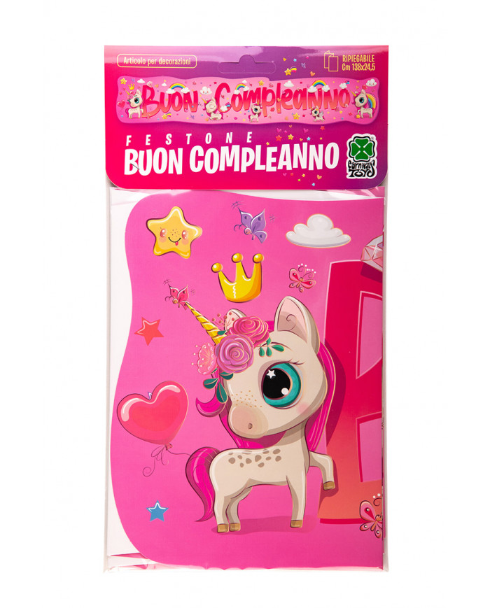 Festone Buon Compleanno Unicorni L.Cm.138X24,5 In Busta C/Cav.