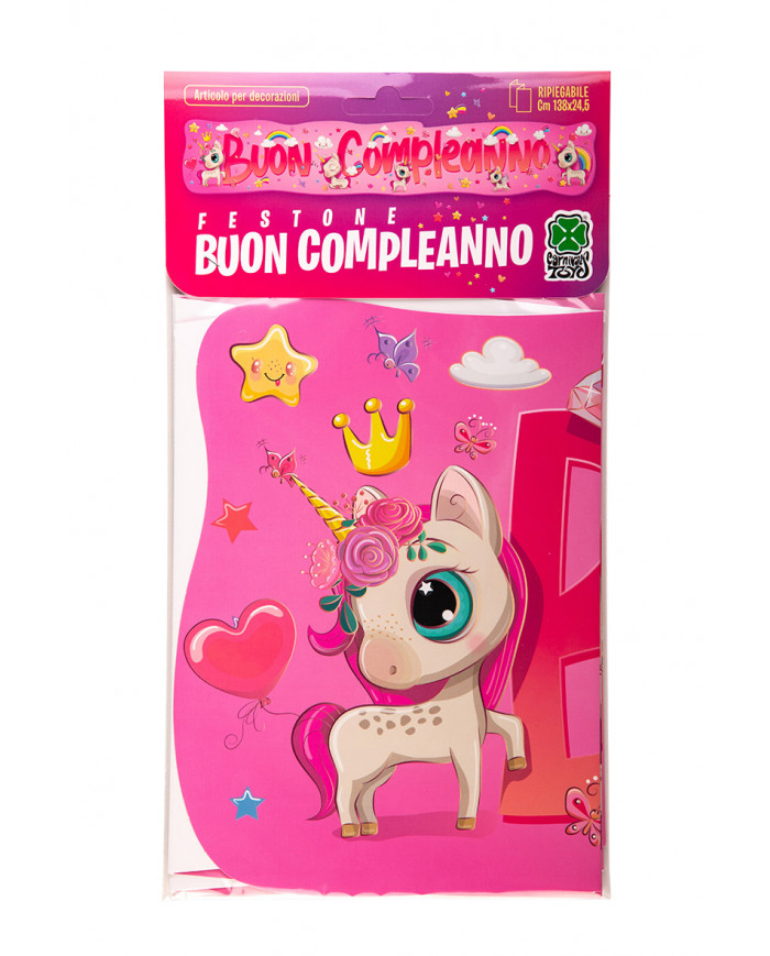 "BUON COMPLEANNO" banner with unicorns pattern. It measures