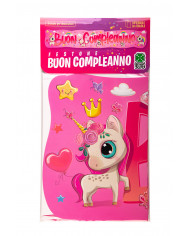 "BUON COMPLEANNO" banner with unicorns pattern. It measures