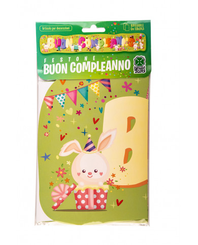 "BUON COMPLEANNO" banner with bunnies pattern. It measures