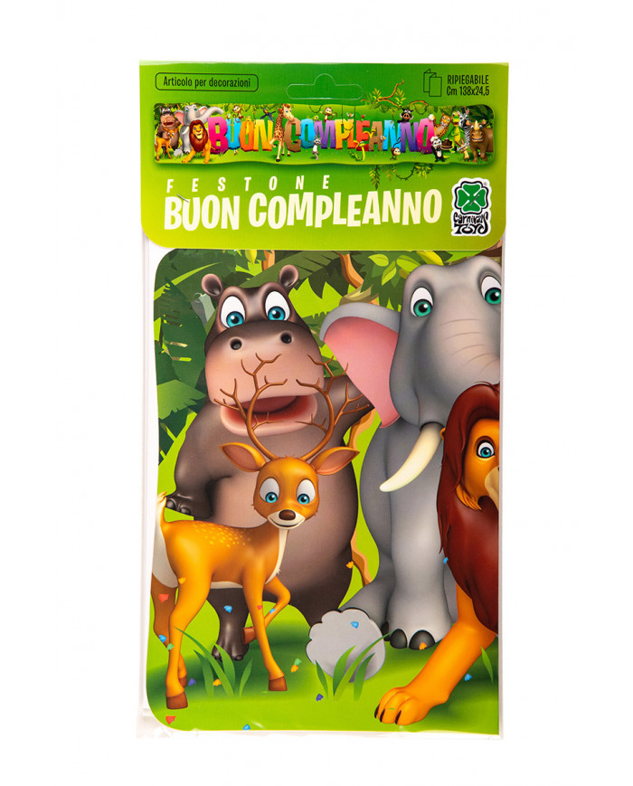 Banner "BUON COMPLEANNO" with fantasy animals of the savannah.