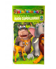 Banner "BUON COMPLEANNO" with fantasy animals of the savannah.