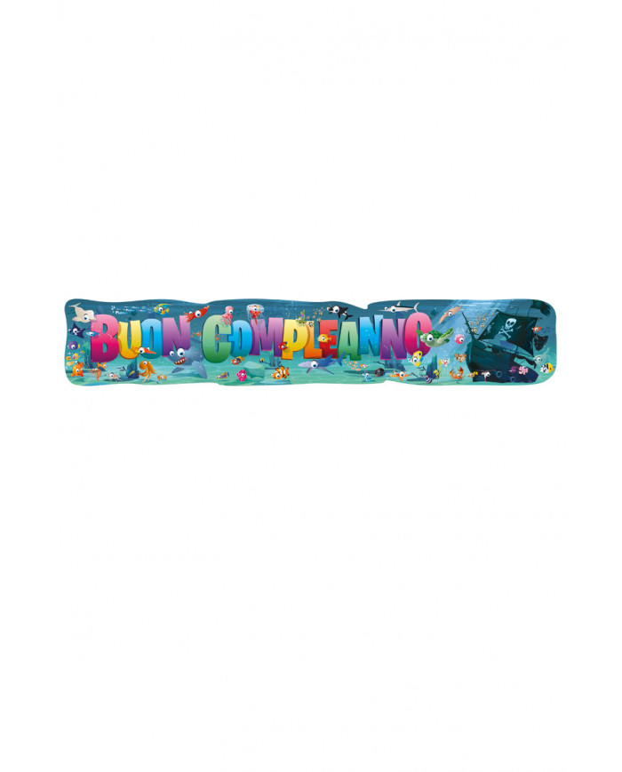 "BUON COMPLEANNO" banner with seabed pattern. It measures