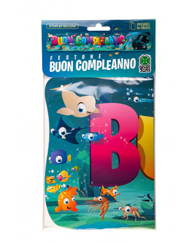 "BUON COMPLEANNO" banner with seabed pattern. It measures
