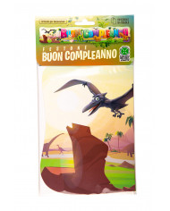 "BUON COMPLEANNO" banner with dinosaur pattern. It measures