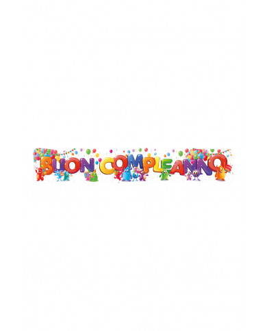 "BUON COMPLEANNO" banner with monsters pattern. It measures