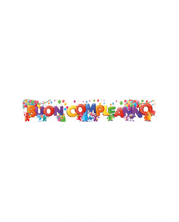 "BUON COMPLEANNO" banner with monsters pattern. It measures