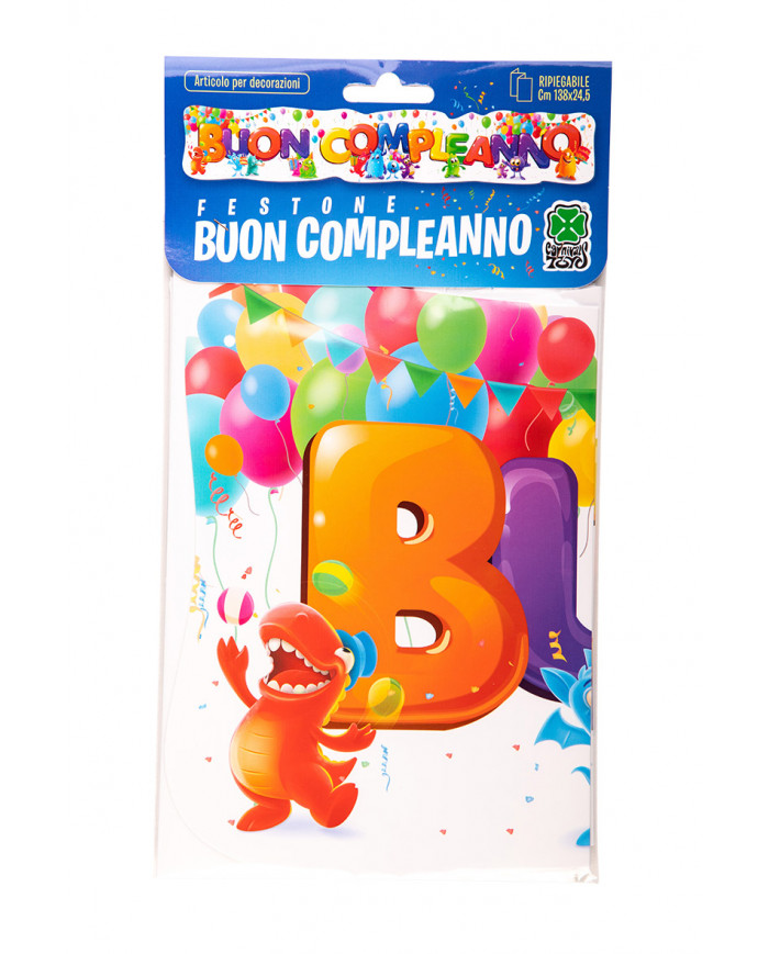"BUON COMPLEANNO" banner with monsters pattern. It measures