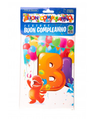 "BUON COMPLEANNO" banner with monsters pattern. It measures