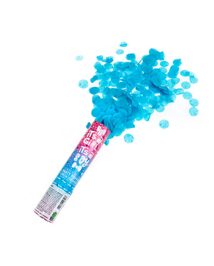 Gender-revealing air-compressed cannon shoots blue confetti Gender-revealing air-compressed cannon shoots blue confetti