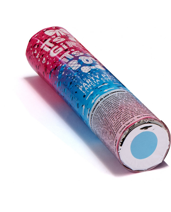 Gender-revealing air-compressed cannon shoots blue confetti Gender-revealing air-compressed cannon shoots blue confetti