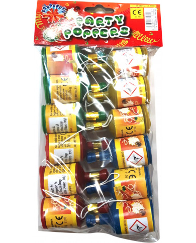 Pack of 12 streamer-shooter bottles approx. 2,6cm in diameter. Pack of 12 streamer-shooter bottles approx. 2,6cm in diameter.