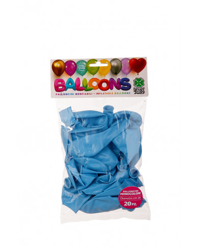 Package containing 20 blue balloons, 26cm in diameter.