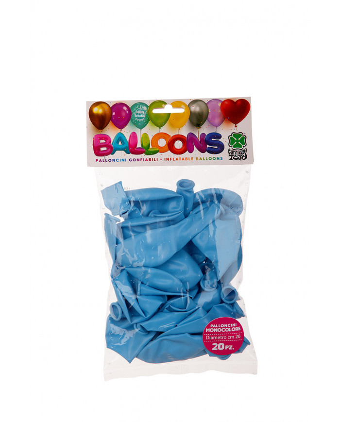 Package containing 20 blue balloons, 26cm in diameter. Package containing 20 blue balloons, 26cm in diameter.