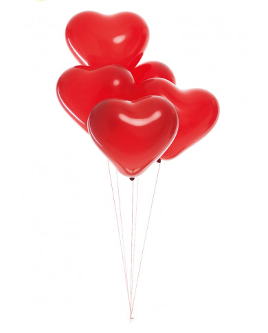 Package containing 10 red heart-shaped balloons, with a Package containing 10 red heart-shaped balloons, with a